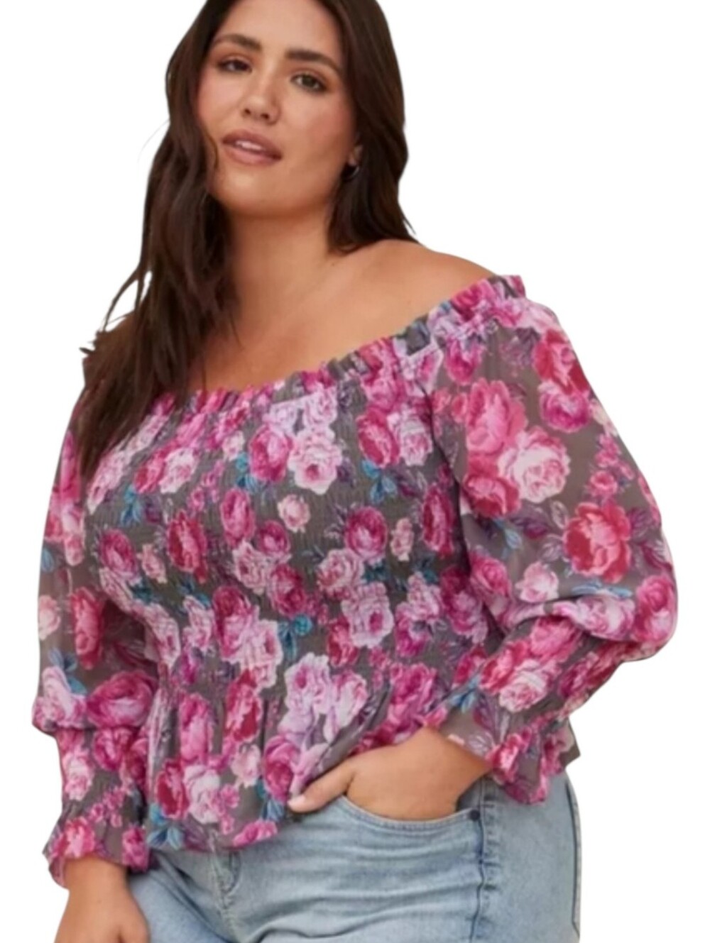 Torrid Crinkle Chiffon Pink Floral Smocked  Off Shoulder Long Sleeve Top 4X
